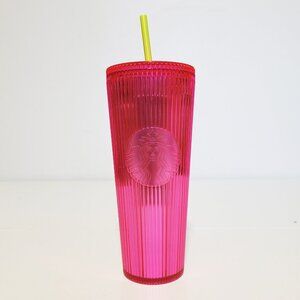Starbucks Pleated Magenta Bright Pink Venti Coffee Cold Tumbler 24 oz with Straw